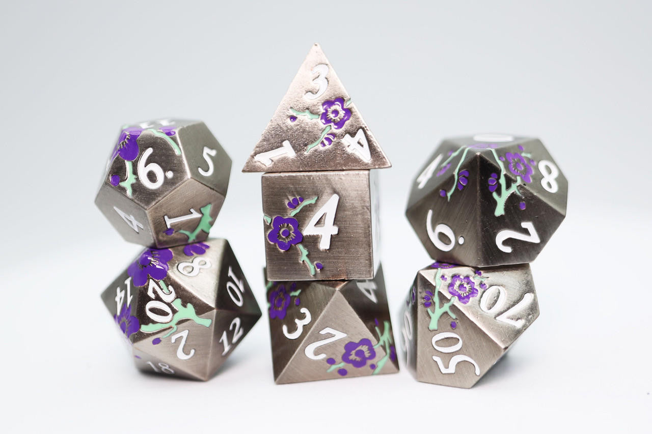 Foam Brain Games Silver with Purple Orchids RPG Metal Dice Set